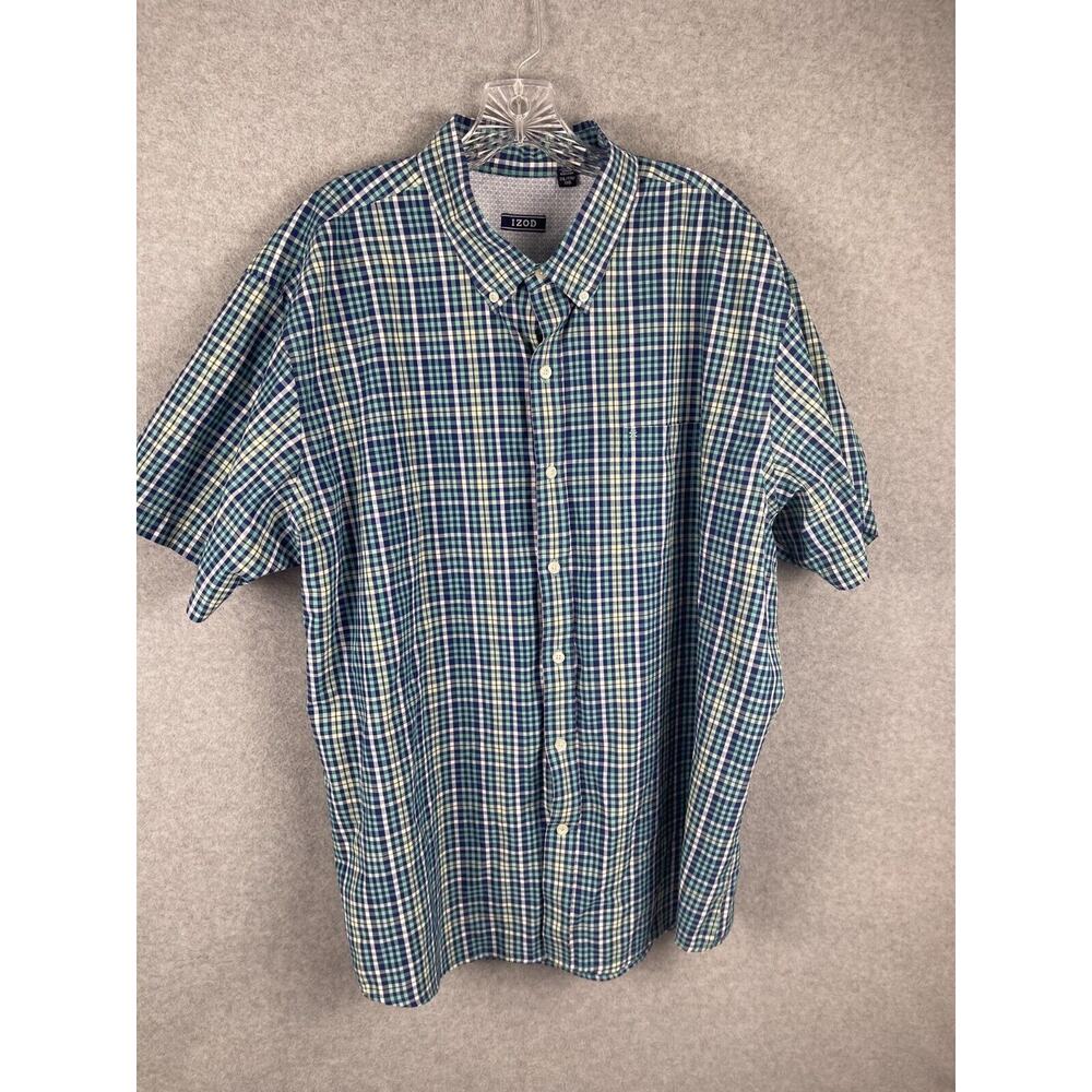 IZOD Button Down Shirt Mens 2XL Green Blue Plaid Short Sleeve Casual